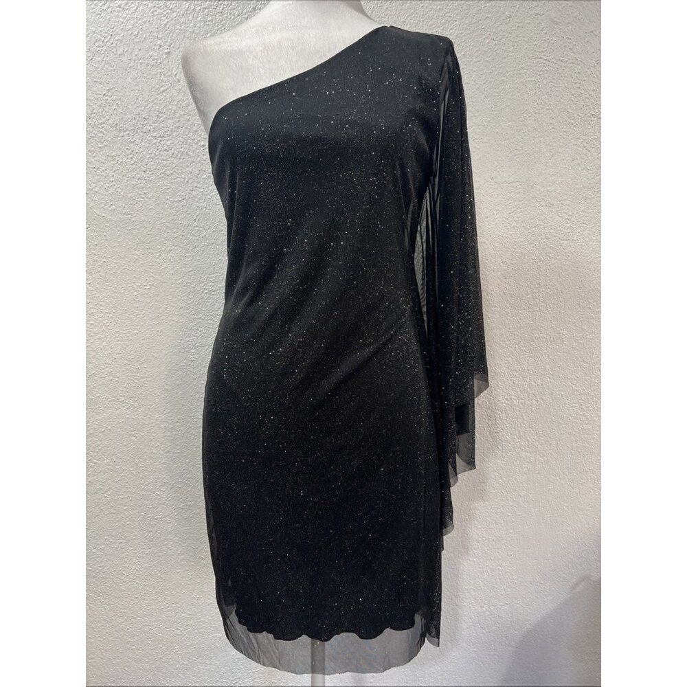 AlynPaige New York Black Lined Metallic Shimmer One Shoulder Mini‎ Dress M